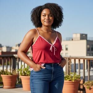 Vintage Y2K 2000s Jessi L Lace Trim Tie Tank Top Cami Plus Size 1X Red Pink